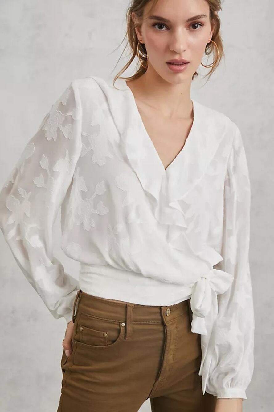 By Anthropologie Milena Burnout Velvet Wrap Blouse white ruffle cottagecore